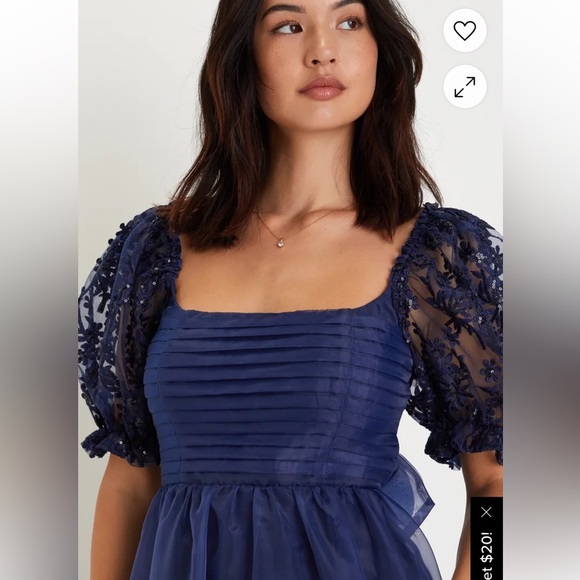 Lulus Significant Splendor Navy Organza Pleated Puff Sleeve Midi Dress size S - Picture 2 of 8